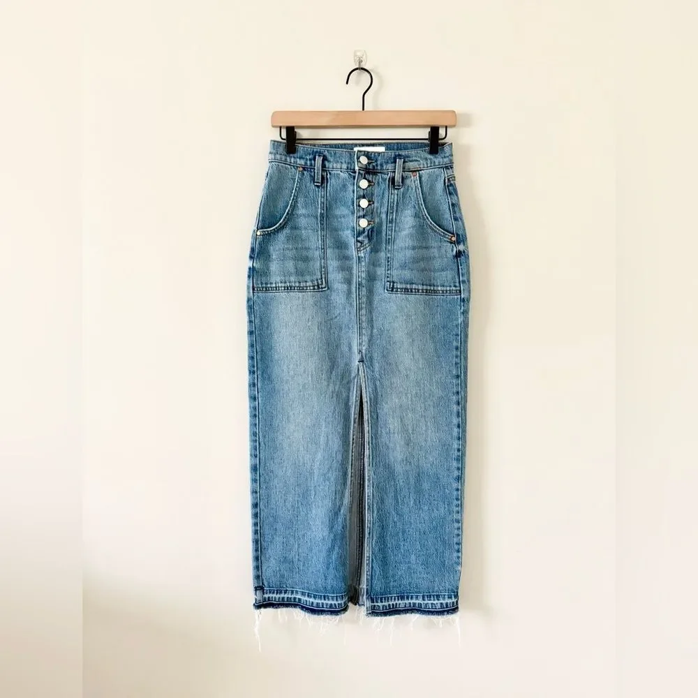 Level 99 Carol Denim Maxi Skirt with Front Slit in Stone Blue Medium Wash 26